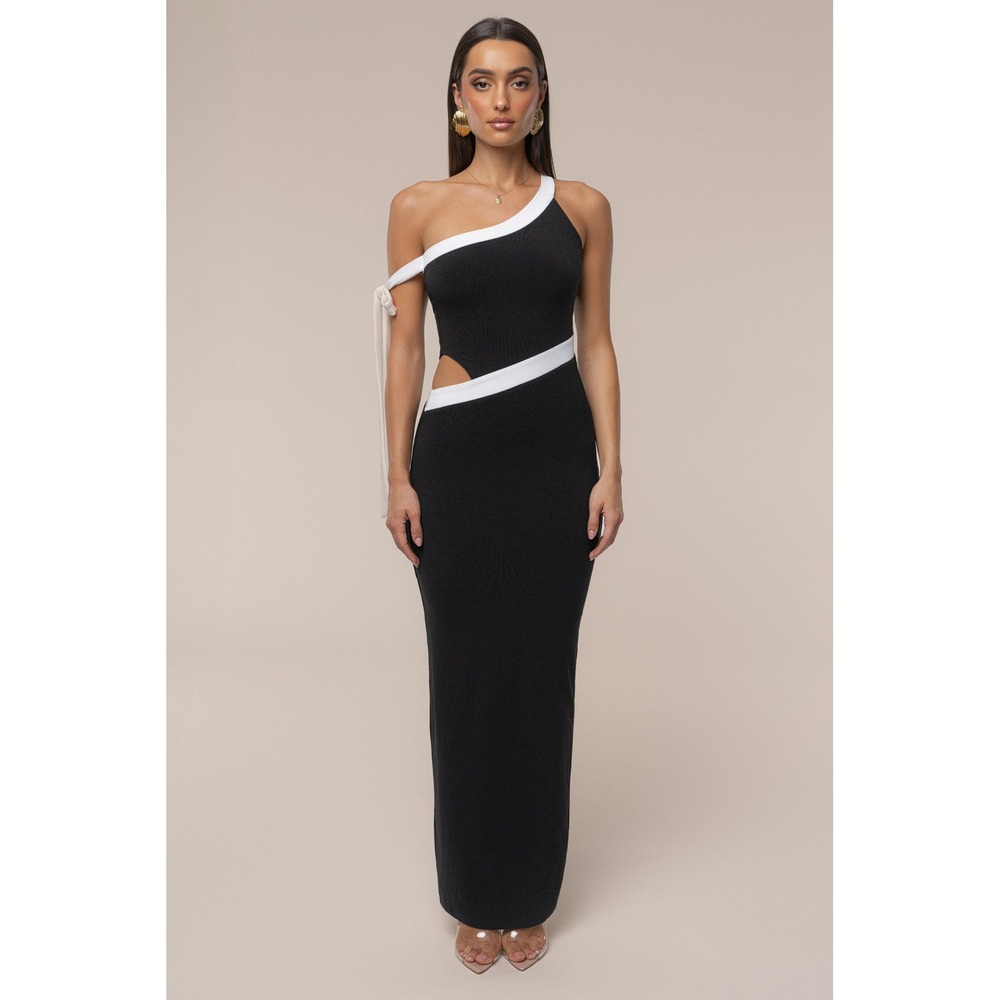 JLUXLABEL Women's Jorden Maxi Dress One Shoulder Cutout Black White S Minimalist